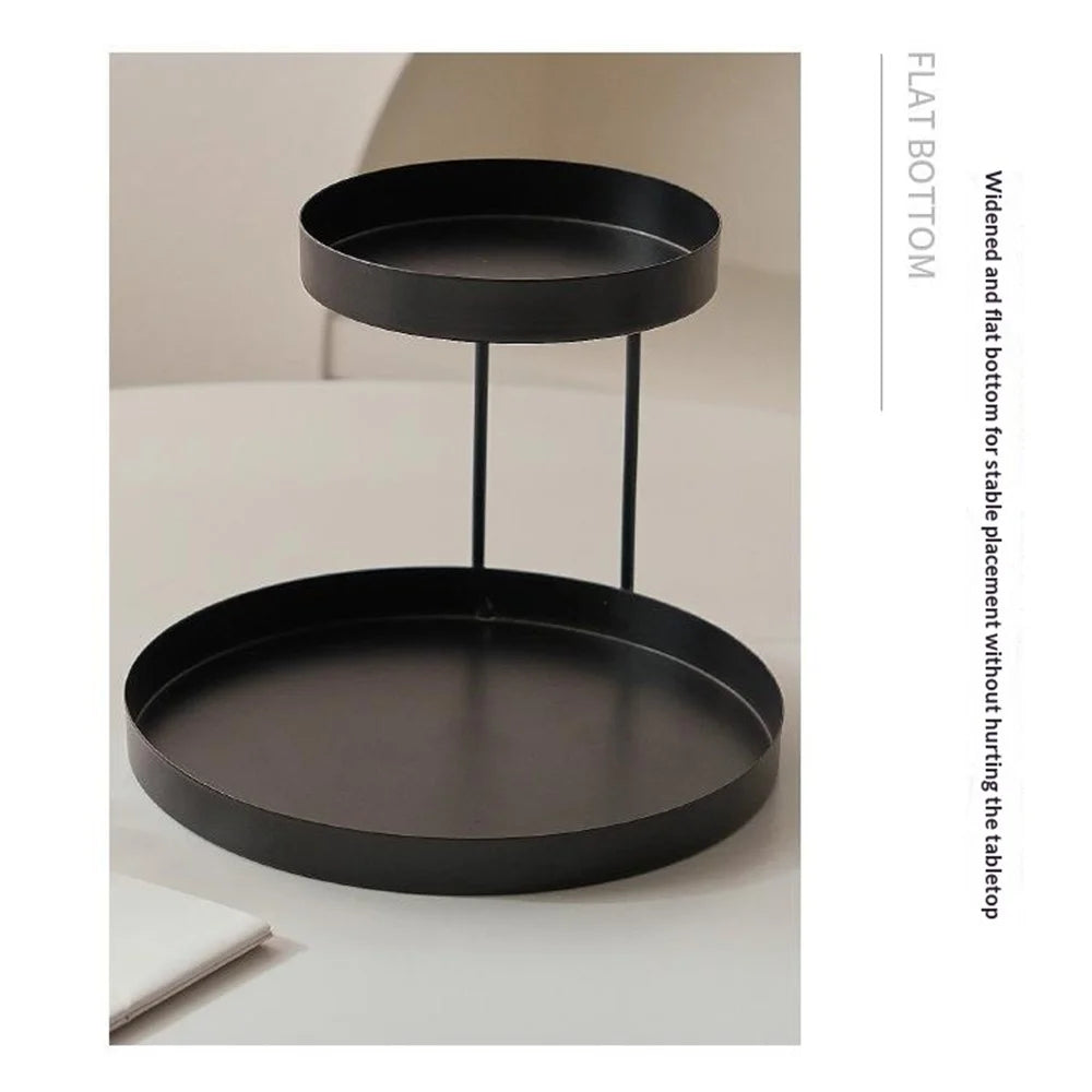 2-Tier Metal Desktop Organizer Tray Iron Vanity Makeup Storage Rack for Cosmetics Perfume - Black Oval  /  White Leather - 4