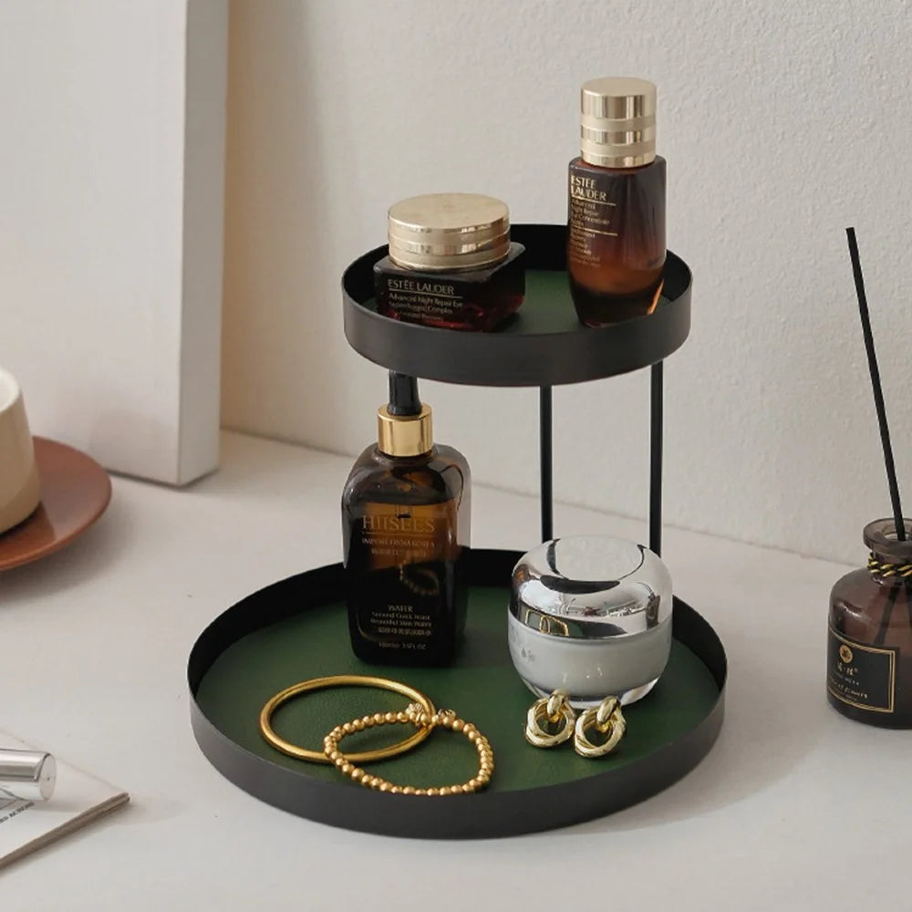 2-Tier Metal Desktop Organizer Tray Iron Vanity Makeup Storage Rack for Cosmetics Perfume - Black Oval  /  White Leather - 6