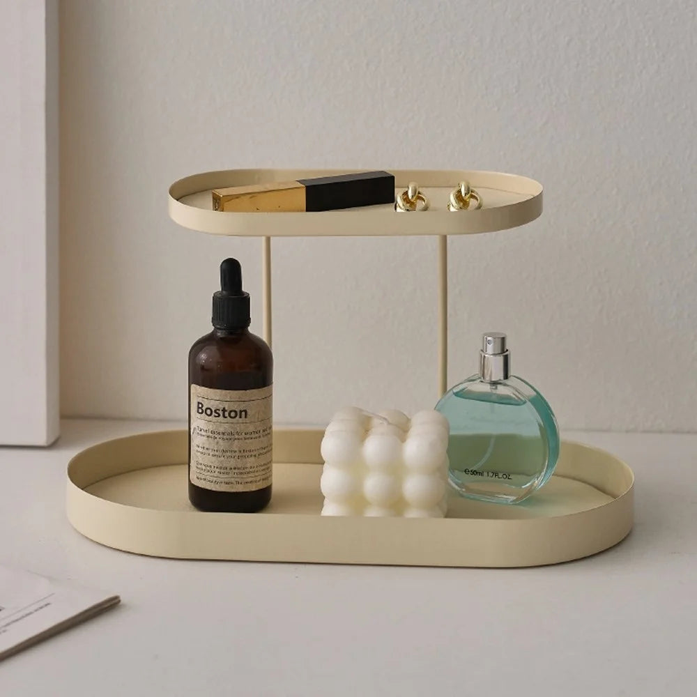2-Tier Metal Desktop Organizer Tray Iron Vanity Makeup Storage Rack for Cosmetics Perfume - Black Oval  /  White Leather - 7