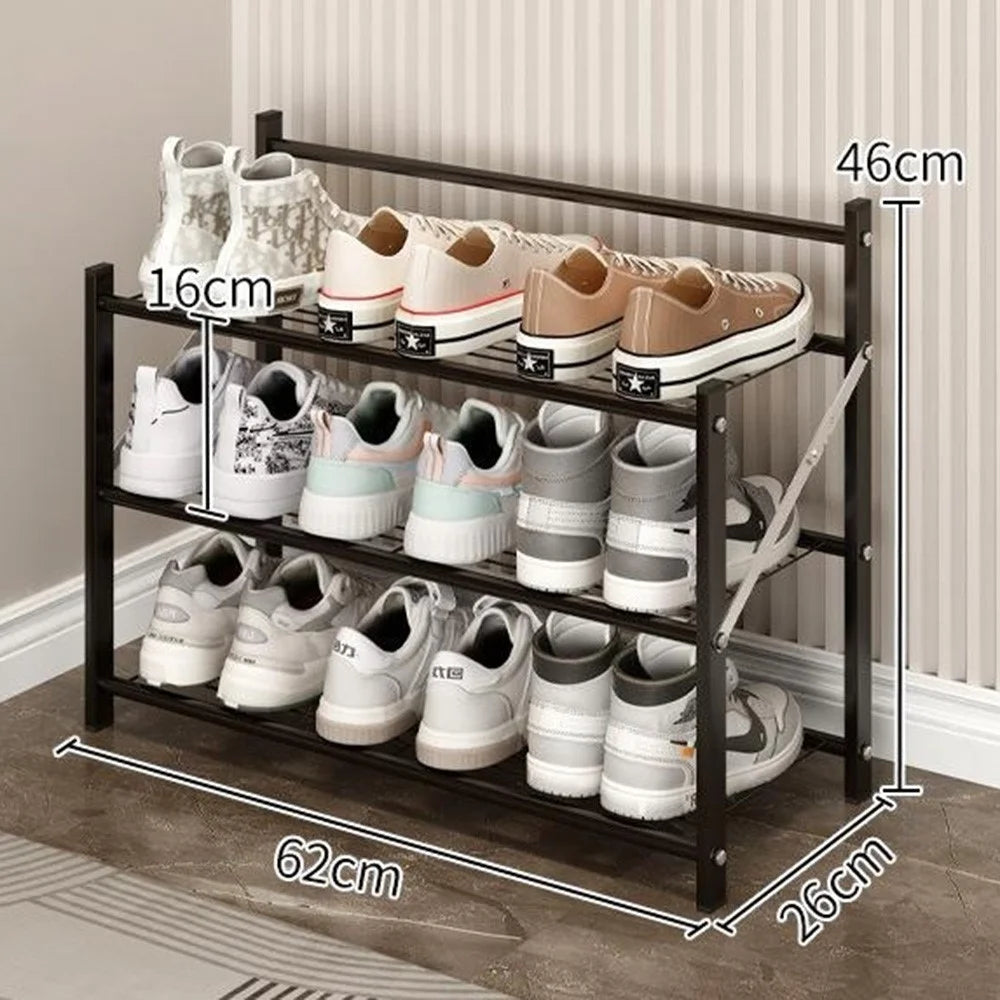 62x26x46cm 3-Tier Foldable Metal Shoe Rack Entryway No Assembly Storage Organizer Shelf - Black - 1