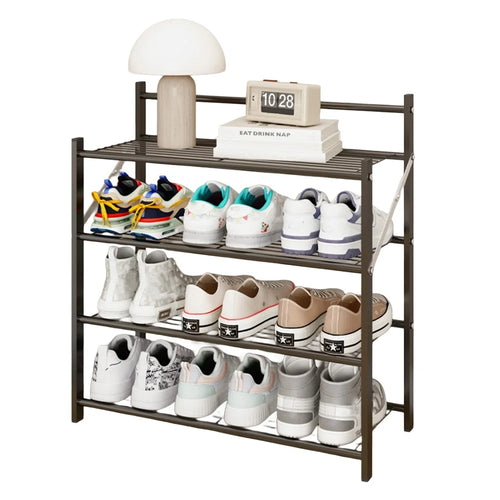 62x26x62cm 4-Layer Metal Shoe Rack Foldable No Assembly Storage Organizer Shelf for Entryway Door - Black - 1