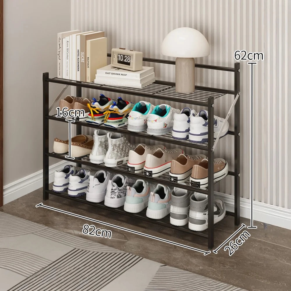 82x26x62cm 4-Layer Metal Shoe Rack Foldable No Assembly Storage Organizer Shelf for Entryway Door - Black - 1