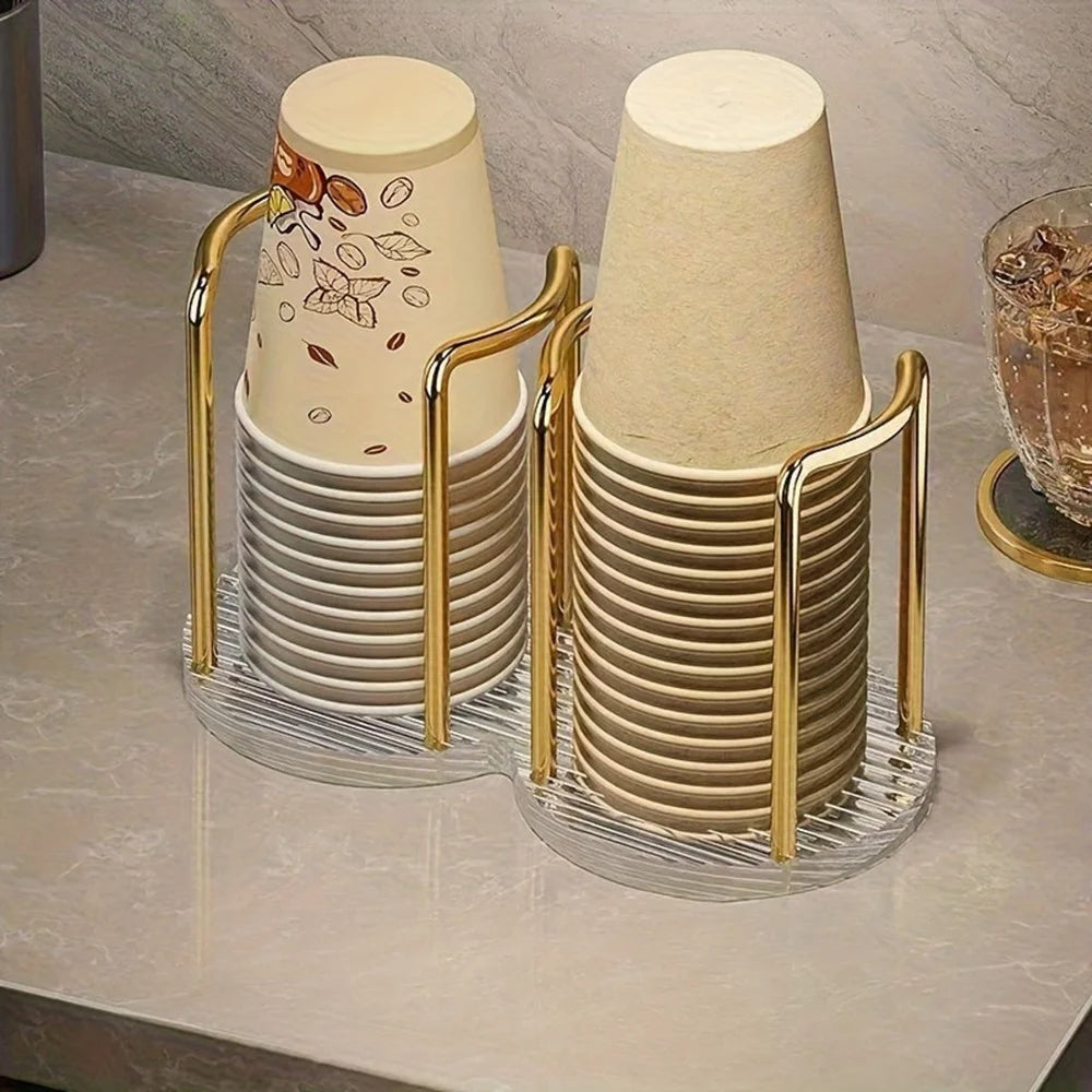 22x11.5x13cm Acrylic Cup Holder Inverted Stacking Dispenser Disposable Paper Cups Storage Rack for Home Organization - Double Seat  /  Gold - 2