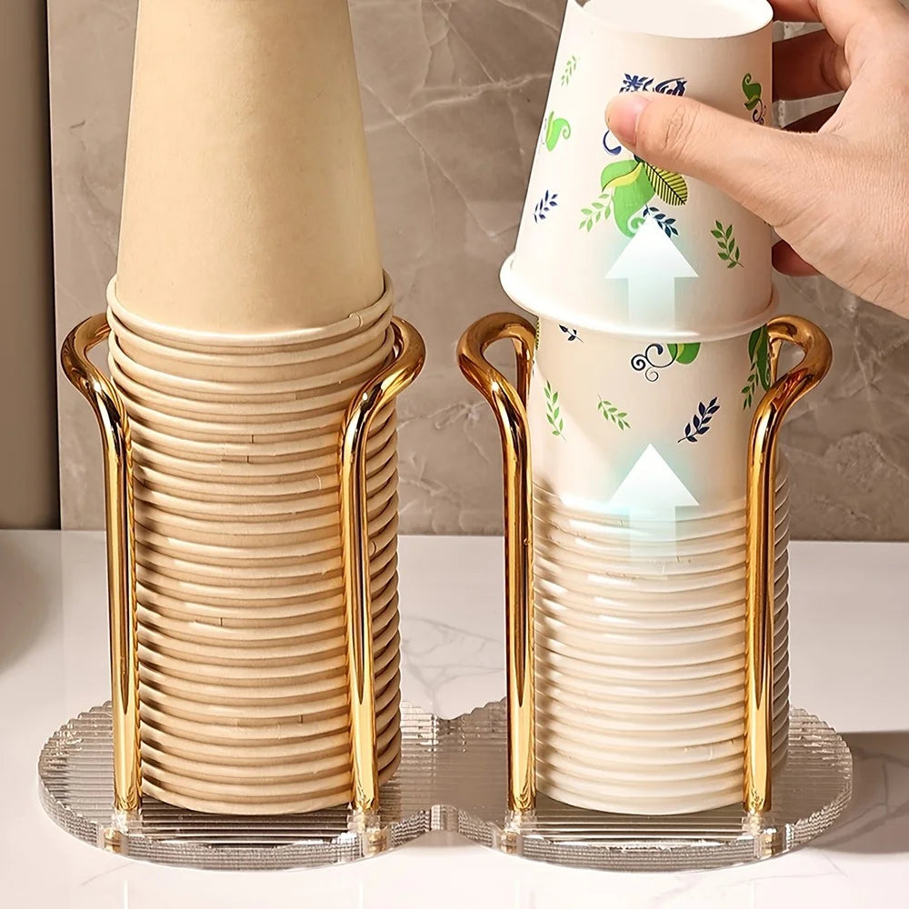 22x11.5x13cm Acrylic Cup Holder Inverted Stacking Dispenser Disposable Paper Cups Storage Rack for Home Organization - Double Seat  /  Gold - 3