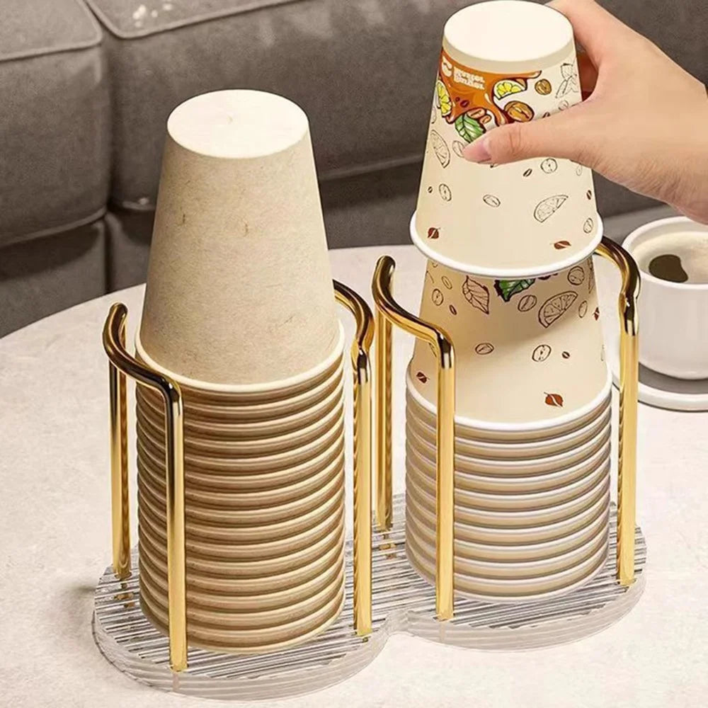 22x11.5x13cm Acrylic Cup Holder Inverted Stacking Dispenser Disposable Paper Cups Storage Rack for Home Organization - Double Seat  /  Gold - 4