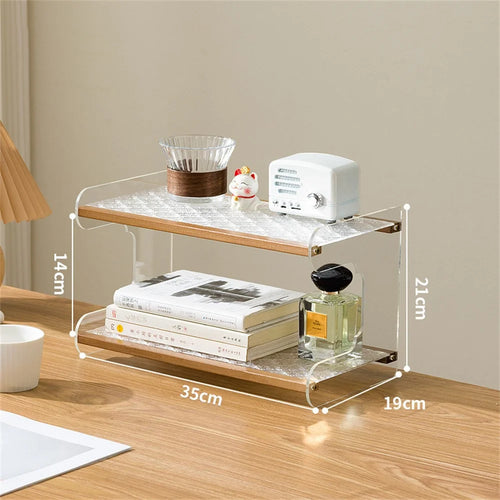 35x19x21cm 2-Tier Desktop Organizer Shelf Acrylic Wood Books Cup Storage Rack for Home Office Desk - Tea Color - 1