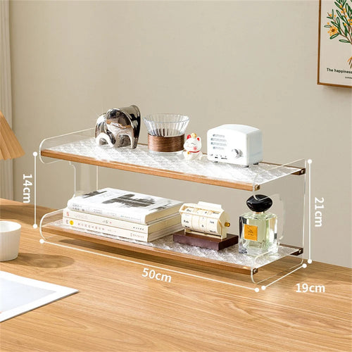 50x19x21cm 2-Tier Desktop Organizer Shelf Acrylic Wood Books Cup Storage Rack for Home Office Desk - Tea Color - 1