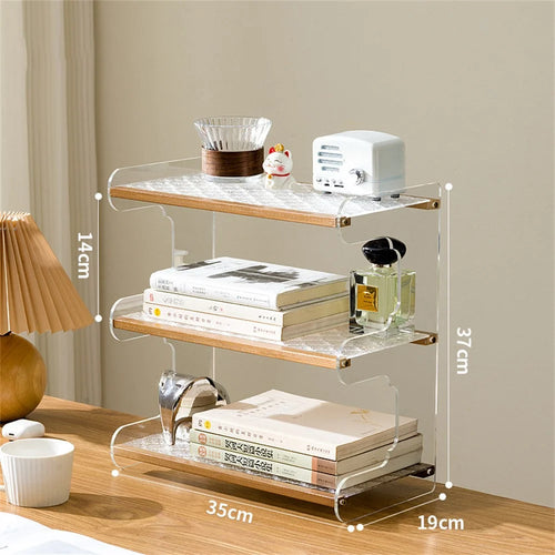 35x19x37cm 3-Tier Desktop Organizer Shelf Acrylic Wood Books Cup Storage Rack for Home Office Desk - Tea Color - 1