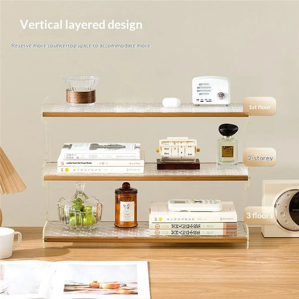35x19x37cm 3-Tier Desktop Organizer Shelf Acrylic Wood Books Cup Storage Rack for Home Office Desk - Tea Color - 2