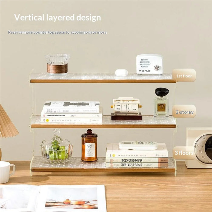 50x19x37cm 3-Tier Desktop Organizer Shelf Acrylic Wood Books Cup Storage Rack for Home Office Desk - Tea Color - 3