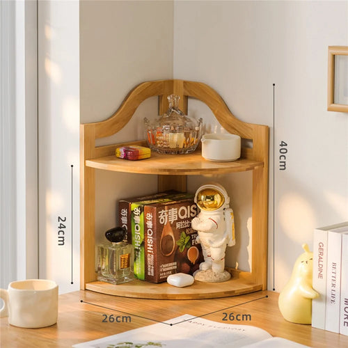 2-Tier Kitchen Corner Spice Rack Bamboo Rotating Desktop Organizer Storage Shelf for Makeup Coffee Cups - Natural Color - 1