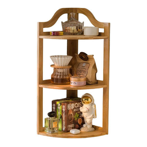 3-Tier Kitchen Corner Spice Rack Bamboo Rotating Desktop Organizer Storage Shelf for Makeup Coffee Cups - Natural Color - 1