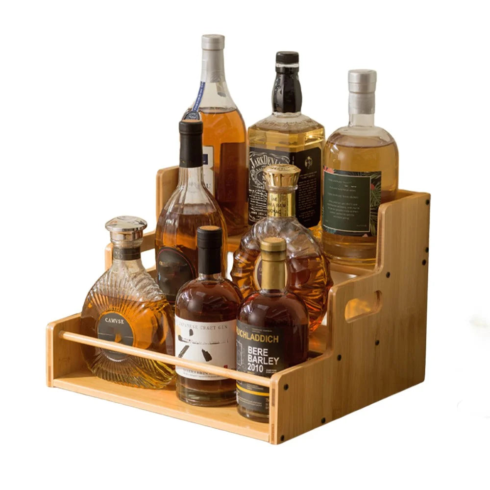 3-Tier Bamboo Wine Rack Display Stand Desktop Storage Organizer with Handle for Home Bar Kitchen - Natural Wood Color - 1