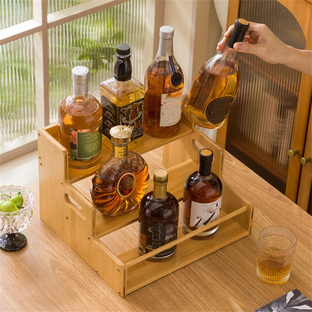 3-Tier Bamboo Wine Rack Display Stand Desktop Storage Organizer with Handle for Home Bar Kitchen - Natural Wood Color - 3