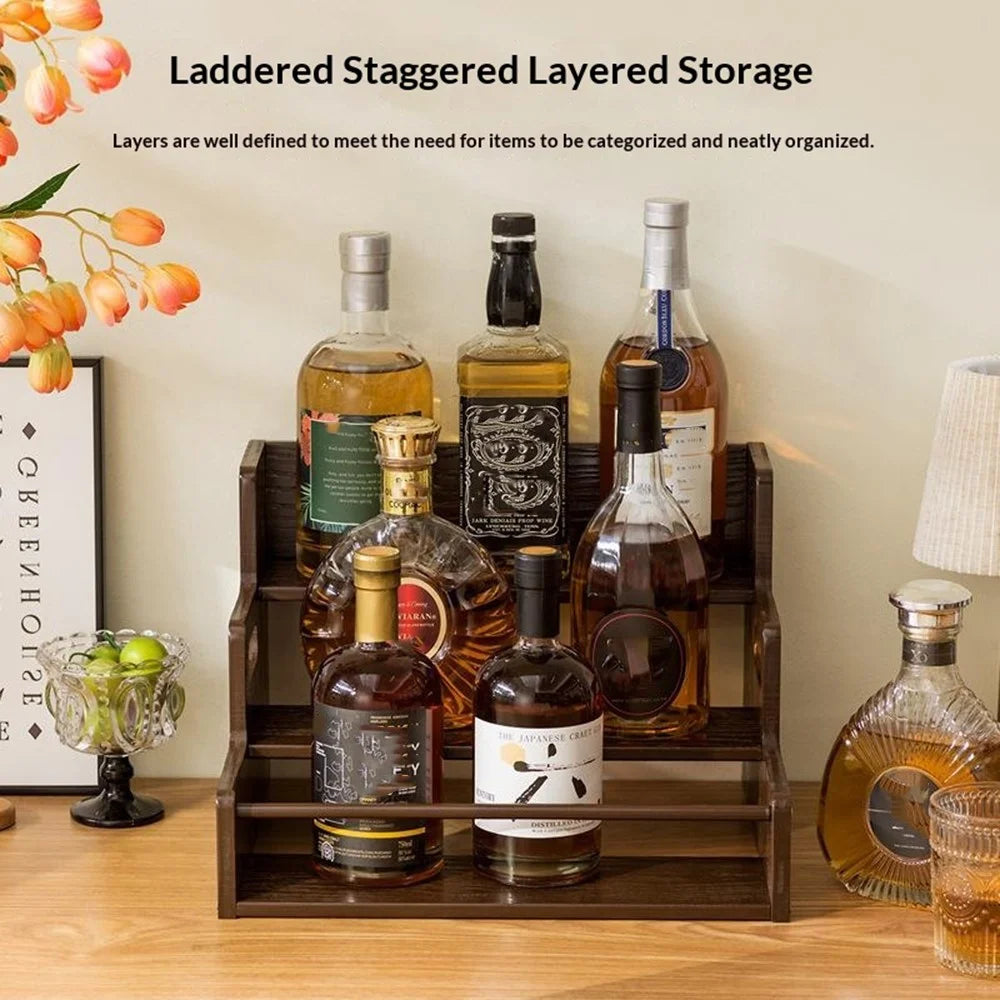 3-Tier Bamboo Wine Rack Display Stand Desktop Storage Organizer with Handle for Home Bar Kitchen - Natural Wood Color - 4