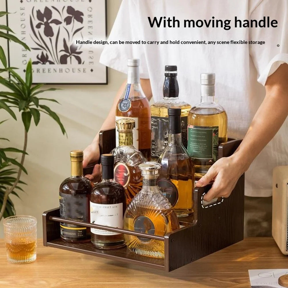 3-Tier Bamboo Wine Rack Display Stand Desktop Storage Organizer with Handle for Home Bar Kitchen - Natural Wood Color - 5