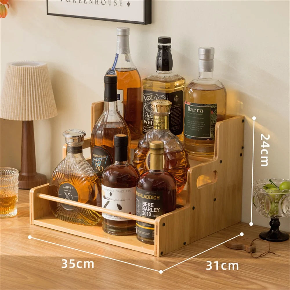 3-Tier Bamboo Wine Rack Display Stand Desktop Storage Organizer with Handle for Home Bar Kitchen - Natural Wood Color - 6
