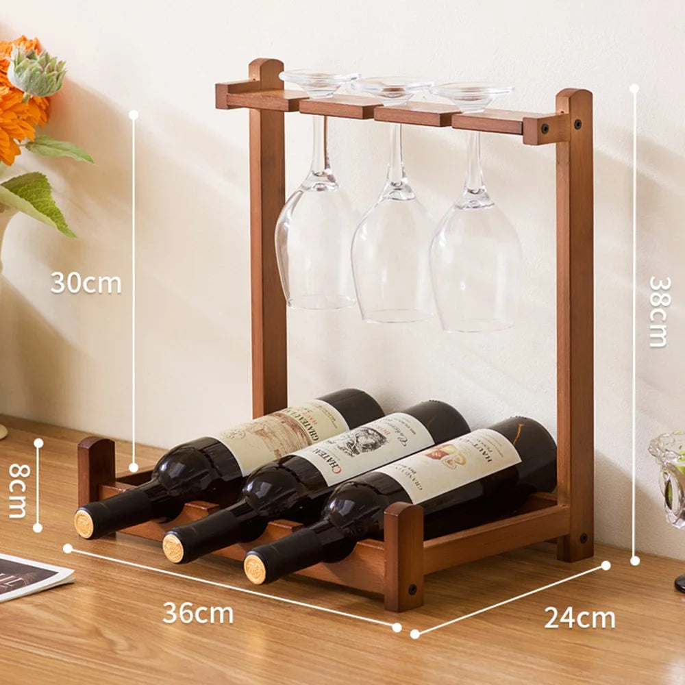 36x24x38cm 1-Tier Wine Rack for 3 Bottles Bamboo Desktop Wine Display Stand Bottle Glass Cups Holder - 1