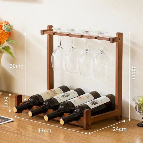 43x24x38cm 1-Tier Wine Rack for 4 Bottles Bamboo Desktop Wine Display Stand Bottle Glass Cups Holder - 1