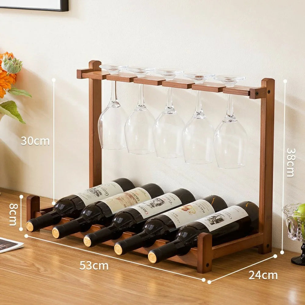53x24x38cm 1-Tier Wine Rack for 5 Bottles Bamboo Desktop Wine Display Stand Bottle Glass Cups Holder - 1