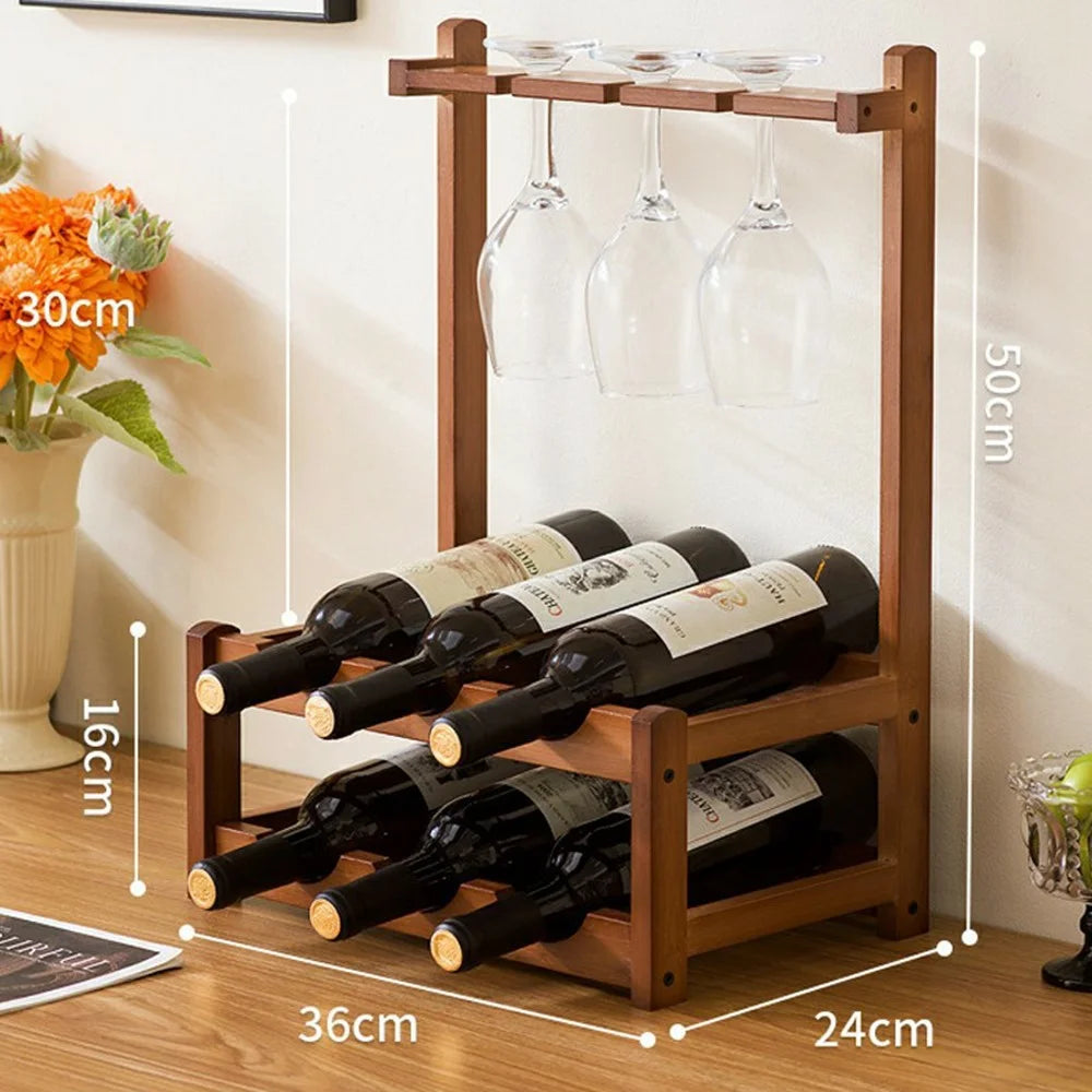 36x24x50cm 2-Tier Wine Rack for 6 Bottles Bamboo Desktop Wine Display Stand Bottle Glass Cups Holder - 1