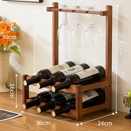 36x24x50cm 2-Tier Wine Rack for 6 Bottles Bamboo Desktop Wine Display Stand Bottle Glass Cups Holder - 1