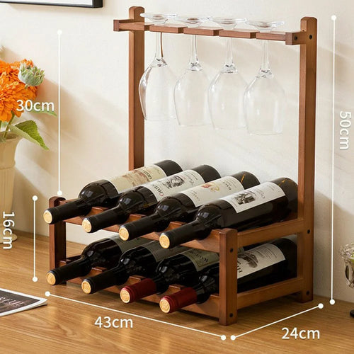 43x24x50cm 2-Tier Wine Rack for 8 Bottles Bamboo Desktop Wine Display Stand Bottle Glass Cups Holder - 1