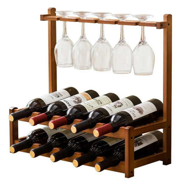 53x24x50cm 2-Tier Wine Rack for 10 Bottles Bamboo Desktop Wine Display Stand Bottle Glass Cups Holder - 1
