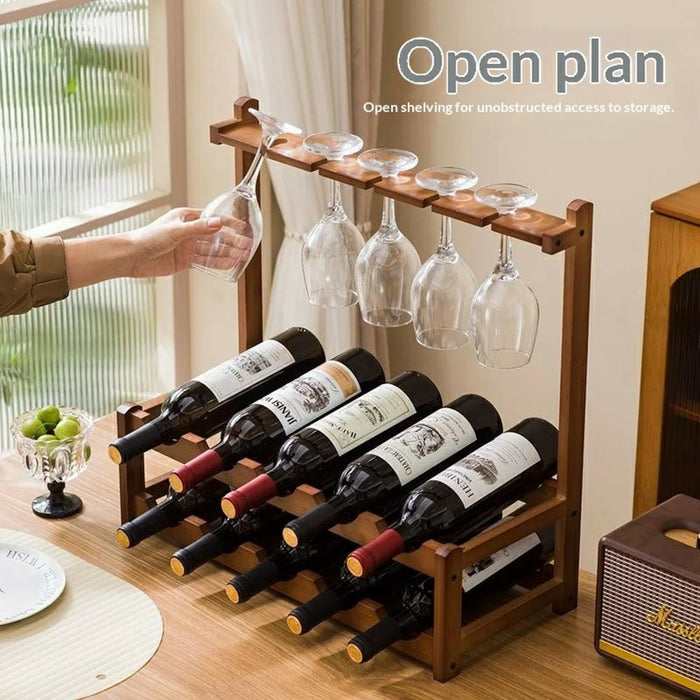 53x24x50cm 2-Tier Wine Rack for 10 Bottles Bamboo Desktop Wine Display Stand Bottle Glass Cups Holder - 3