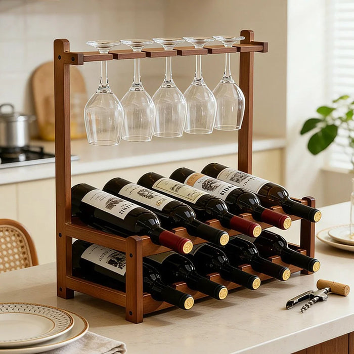 53x24x50cm 2-Tier Wine Rack for 10 Bottles Bamboo Desktop Wine Display Stand Bottle Glass Cups Holder - 4