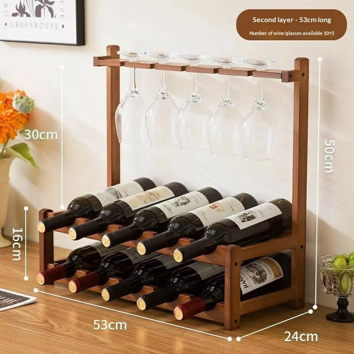 53x24x50cm 2-Tier Wine Rack for 10 Bottles Bamboo Desktop Wine Display Stand Bottle Glass Cups Holder - 6