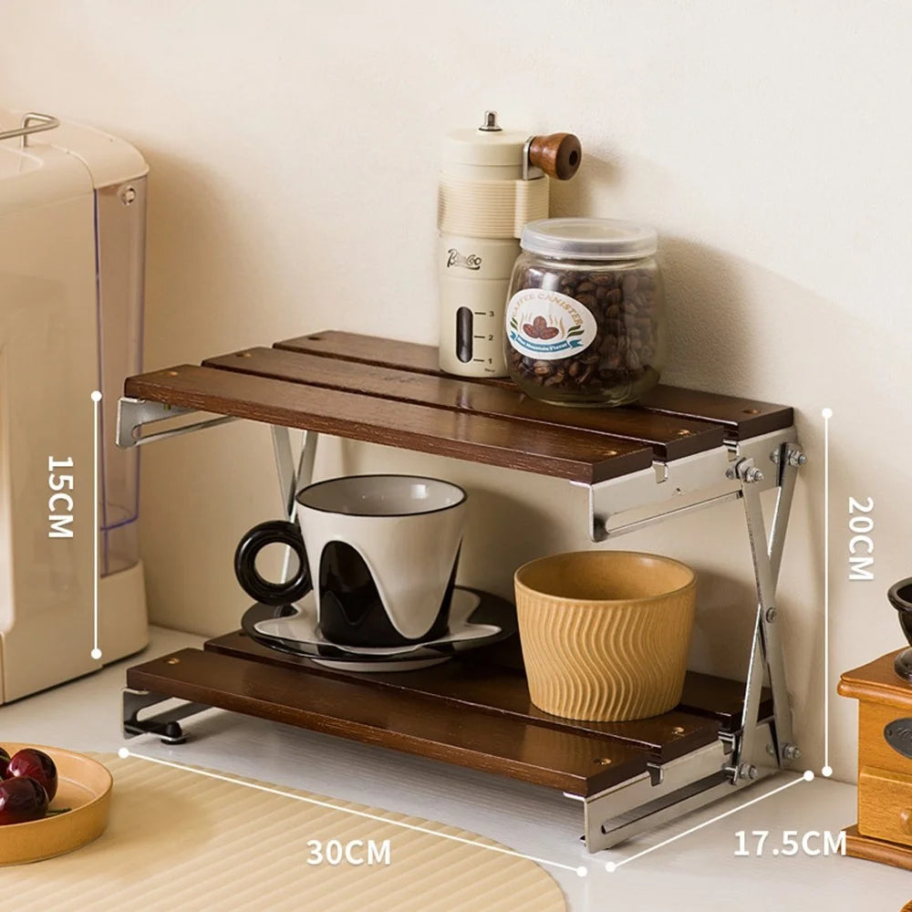 30x17.5x20cm 2-Tier Folding Desktop Storage Rack Bamboo Metal Cups Mugs Bar Countertop Organizer Shelf - 1