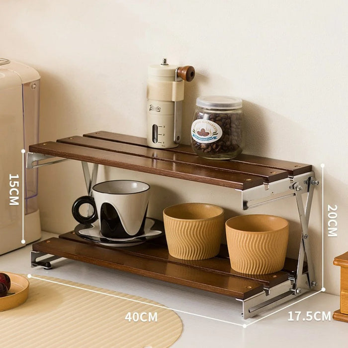 40x17.5x20cm 2-Tier Folding Desktop Storage Rack Bamboo Metal Cups Mugs Bar Countertop Organizer Shelf - 1