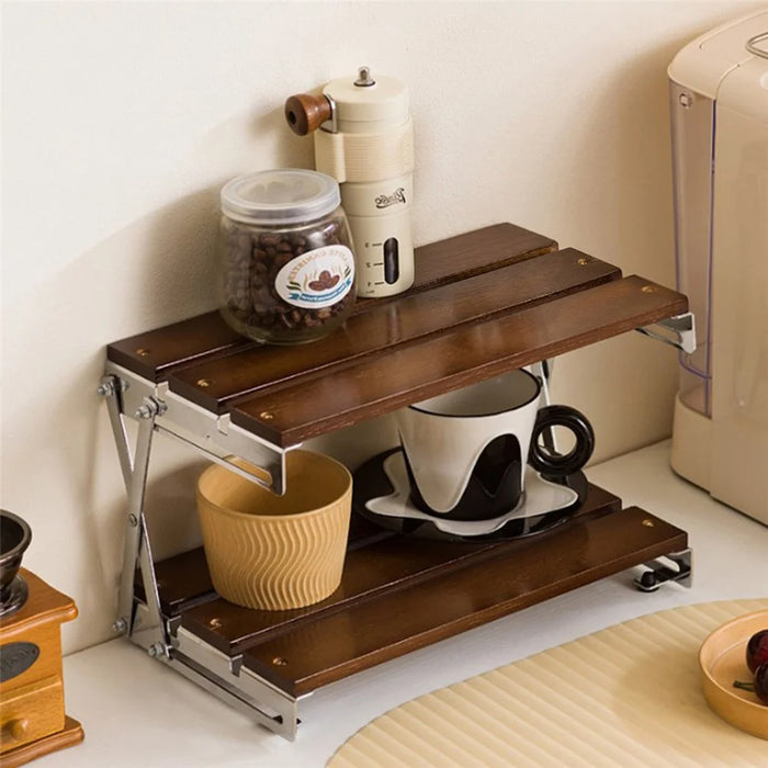 40x17.5x20cm 2-Tier Folding Desktop Storage Rack Bamboo Metal Cups Mugs Bar Countertop Organizer Shelf - 3