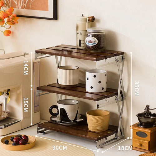 30x18x35cm 3-Tier Folding Desktop Storage Rack Bamboo Metal Cups Mugs Bar Countertop Organizer Shelf - 1