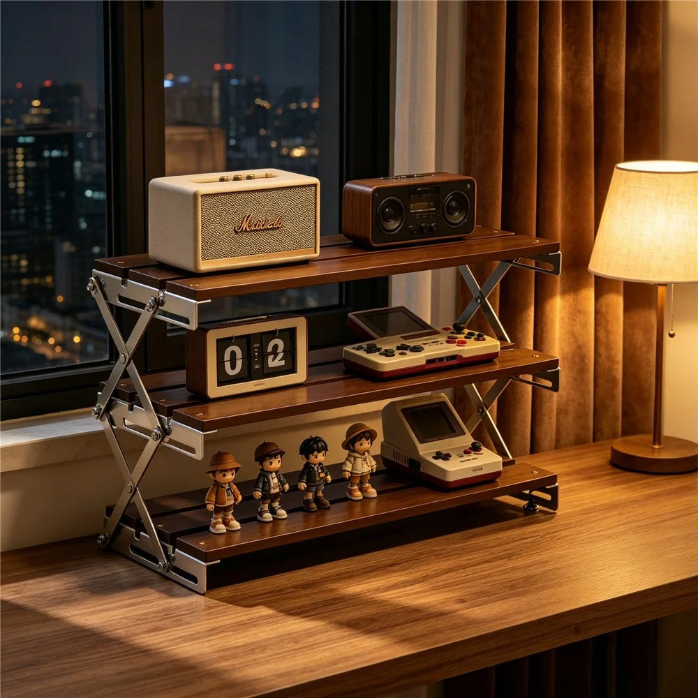 30x18x35cm 3-Tier Folding Desktop Storage Rack Bamboo Metal Cups Mugs Bar Countertop Organizer Shelf - 3