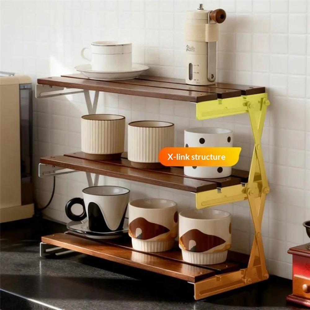 30x18x35cm 3-Tier Folding Desktop Storage Rack Bamboo Metal Cups Mugs Bar Countertop Organizer Shelf - 7