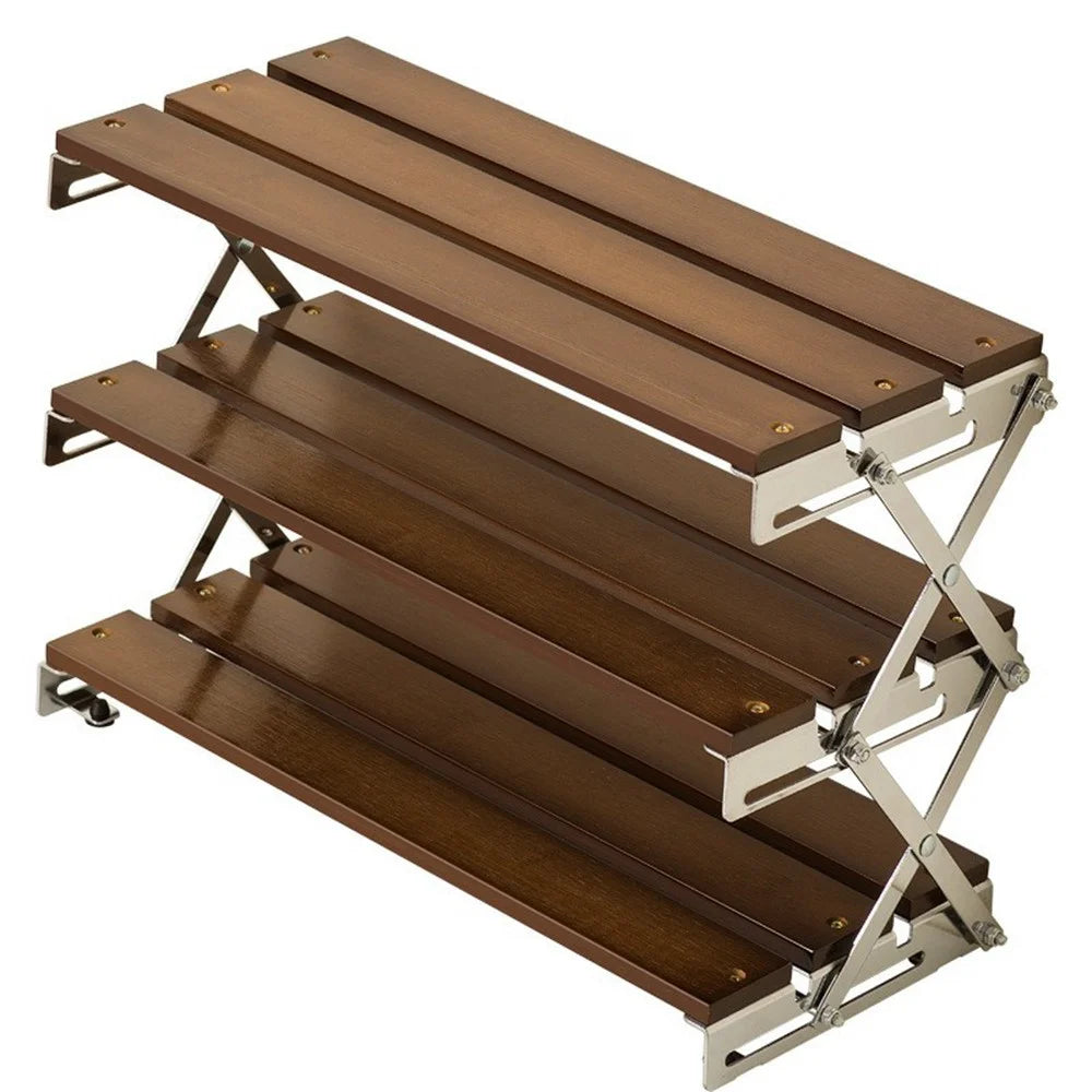 40x18x35cm 3-Tier Folding Desktop Storage Rack Bamboo Metal Cups Mugs Bar Countertop Organizer Shelf - 1