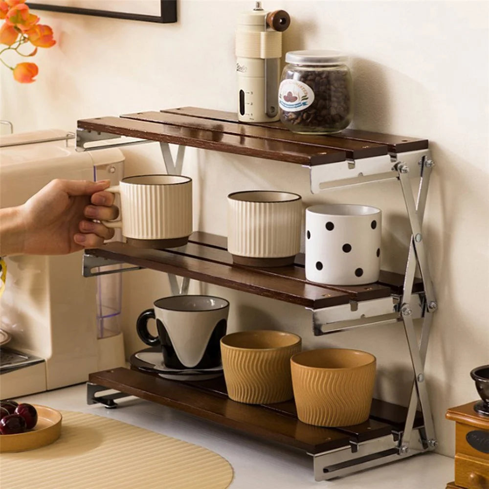 40x18x35cm 3-Tier Folding Desktop Storage Rack Bamboo Metal Cups Mugs Bar Countertop Organizer Shelf - 6