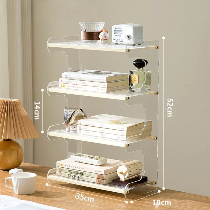35x19x52cm 4-Tier Desktop Organizer Shelf Acrylic Wood Books Cup Storage Rack for Home Office Desk - Milk White - 1