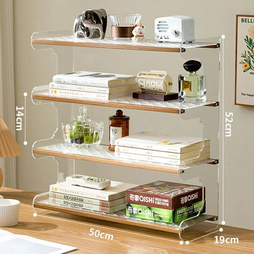 50x19x52cm 4-Tier Desktop Organizer Shelf Acrylic Wood Books Cup Storage Rack for Home Office Desk - Tea Color - 1
