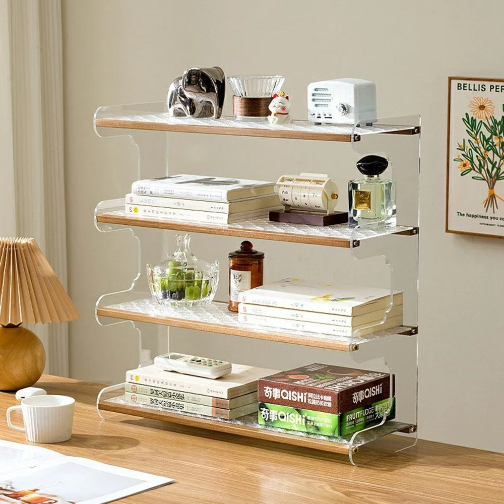 50x19x52cm 4-Tier Desktop Organizer Shelf Acrylic Wood Books Cup Storage Rack for Home Office Desk - Tea Color - 6