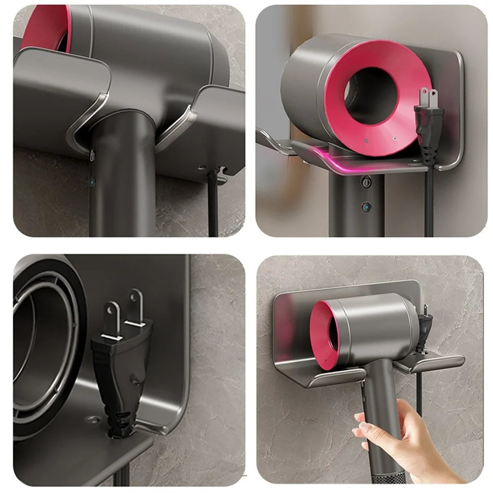 Universal Hair Dryer Holder Self Adhesive Electric Blower Wall Mounted No Drilling Organizer Stand for Bathroom - Grey - 6