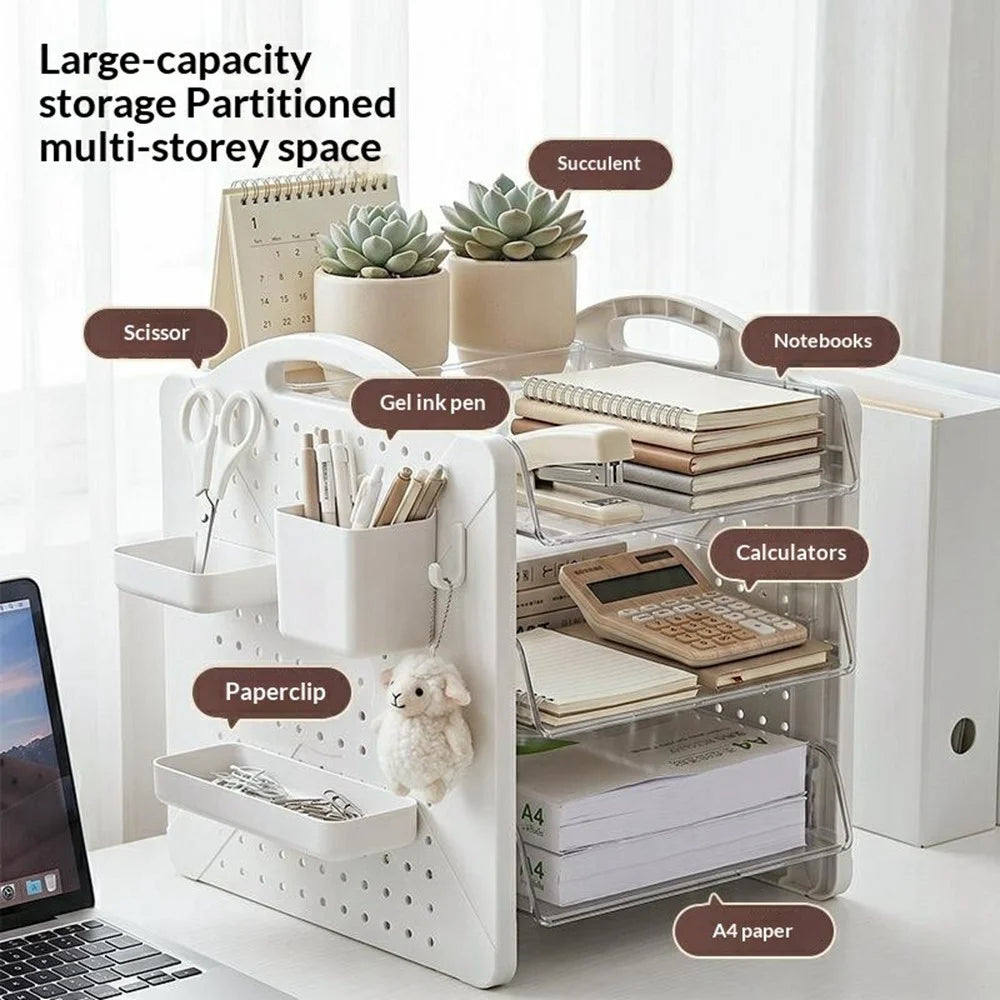 32x28x31cm Desktop Storage Organizer with Holes Board Multi-Tier Document Shelf for Office Stationery - Transparent  /  Cream Color - 2