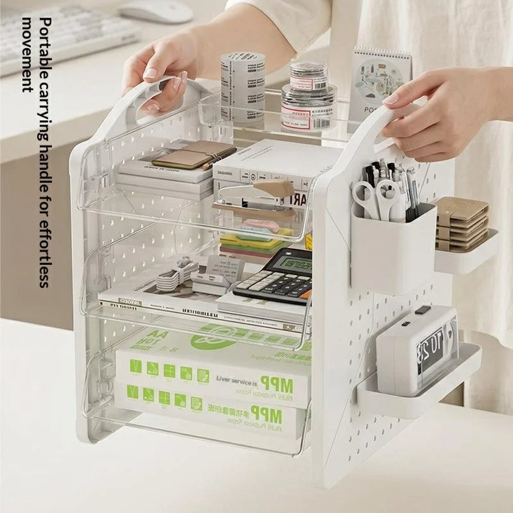 32x28x31cm Desktop Storage Organizer with Holes Board Multi-Tier Document Shelf for Office Stationery - Transparent  /  Cream Color - 3