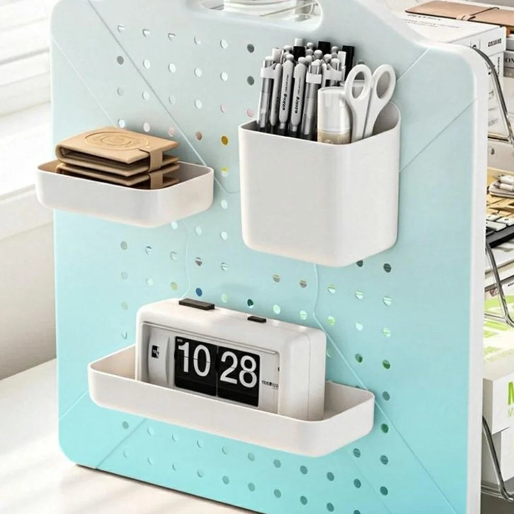 32x28x31cm Desktop Storage Organizer with Holes Board Multi-Tier Document Shelf for Office Stationery - Transparent  /  Cream Color - 5