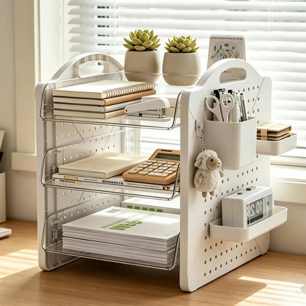32x28x31cm Desktop Storage Organizer with Holes Board Multi-Tier Document Shelf for Office Stationery - Transparent  /  Cream Color - 7