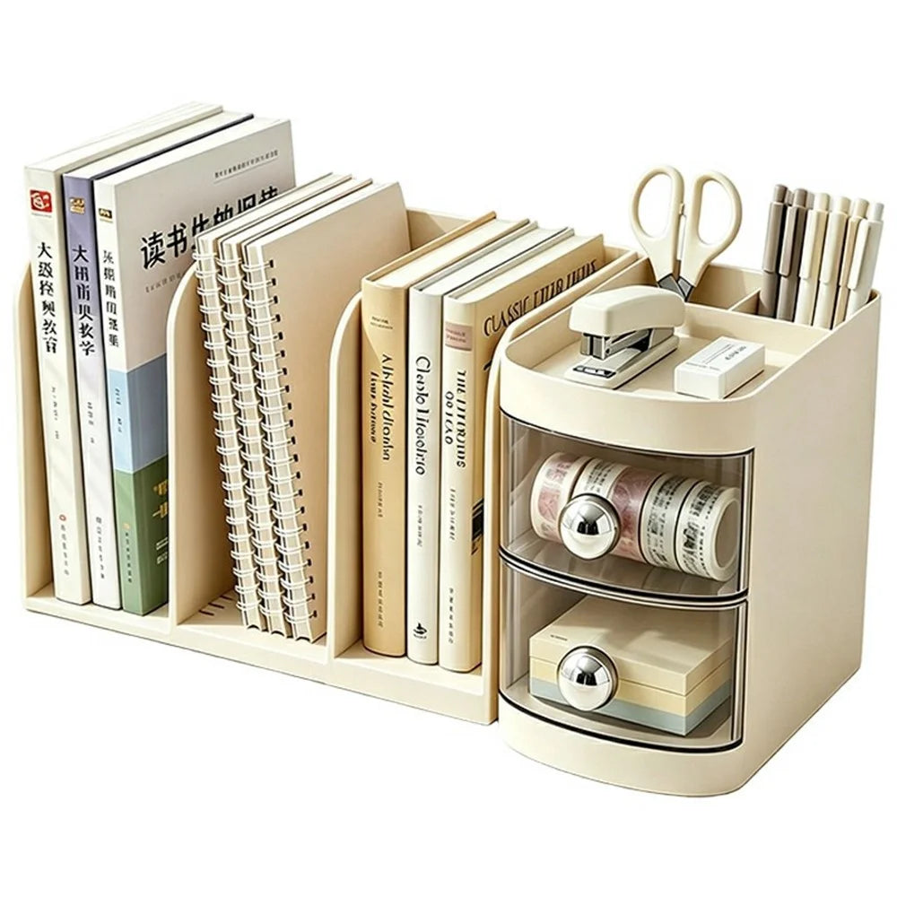 Retractable Desktop Bookshelf Organizer Multi-Functional File Stationery Storage Rack with Drawer for Office - Cream White - 1