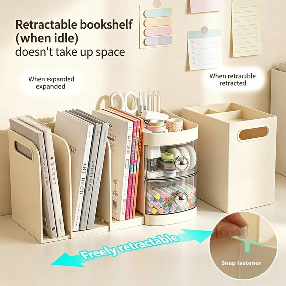 Retractable Desktop Bookshelf Organizer Multi-Functional File Stationery Storage Rack with Drawer for Office - Cream White - 2