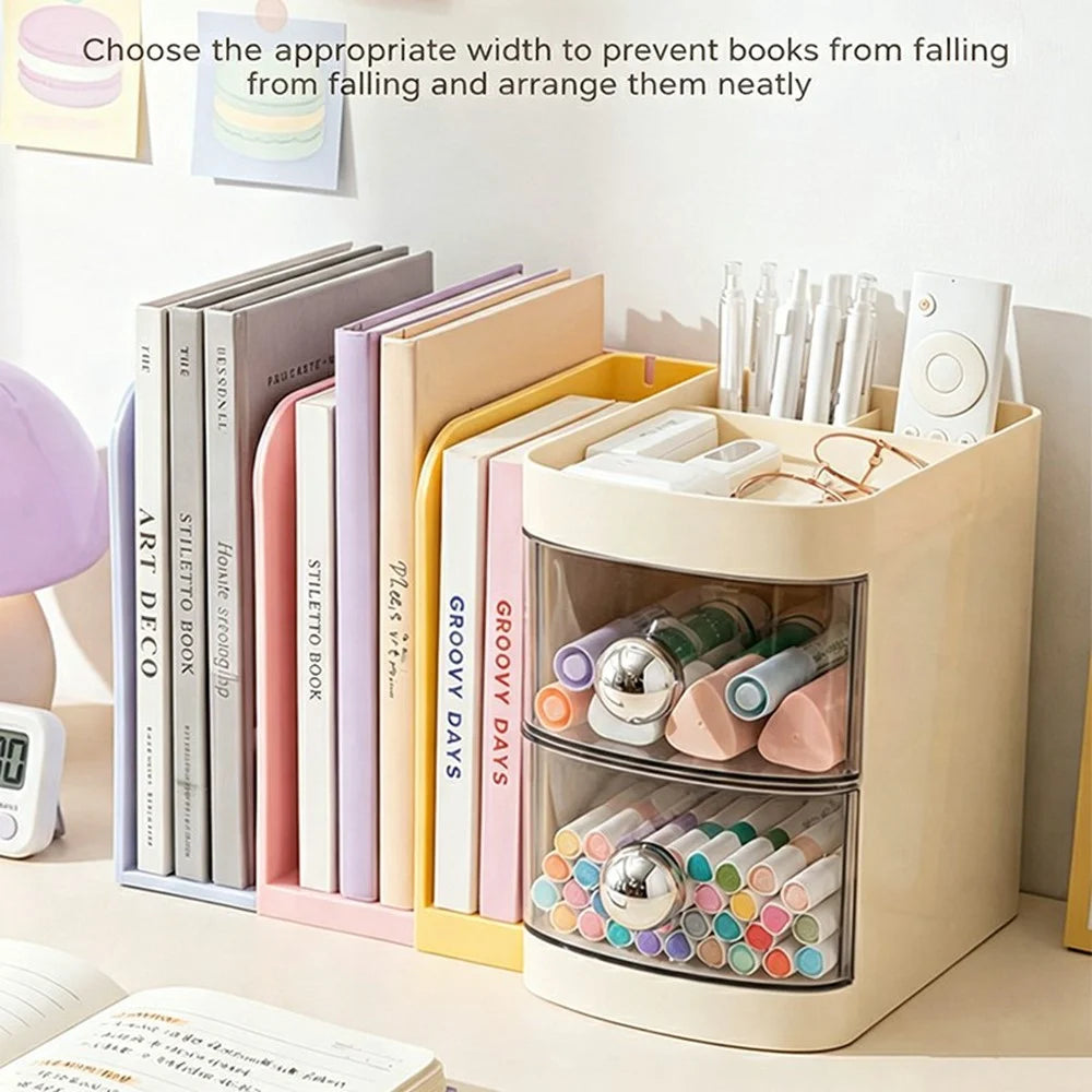 Retractable Desktop Bookshelf Organizer Multi-Functional File Stationery Storage Rack with Drawer for Office - Cream White - 3
